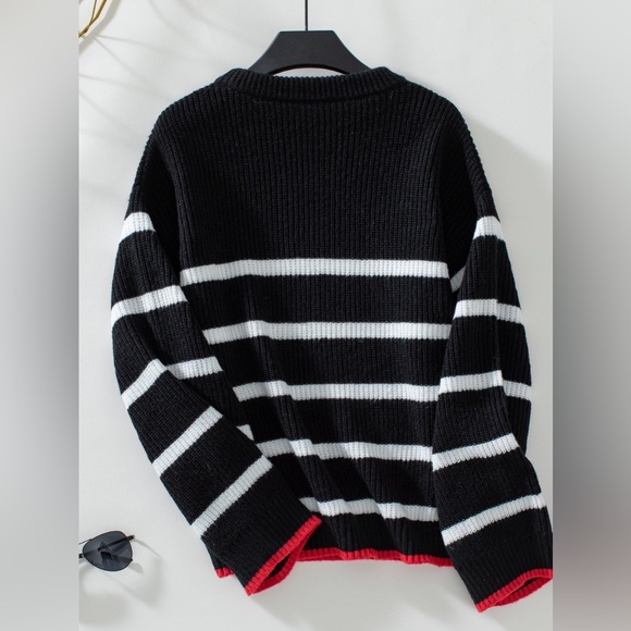 Striped Round Neck Dropped Shoulder Sweater